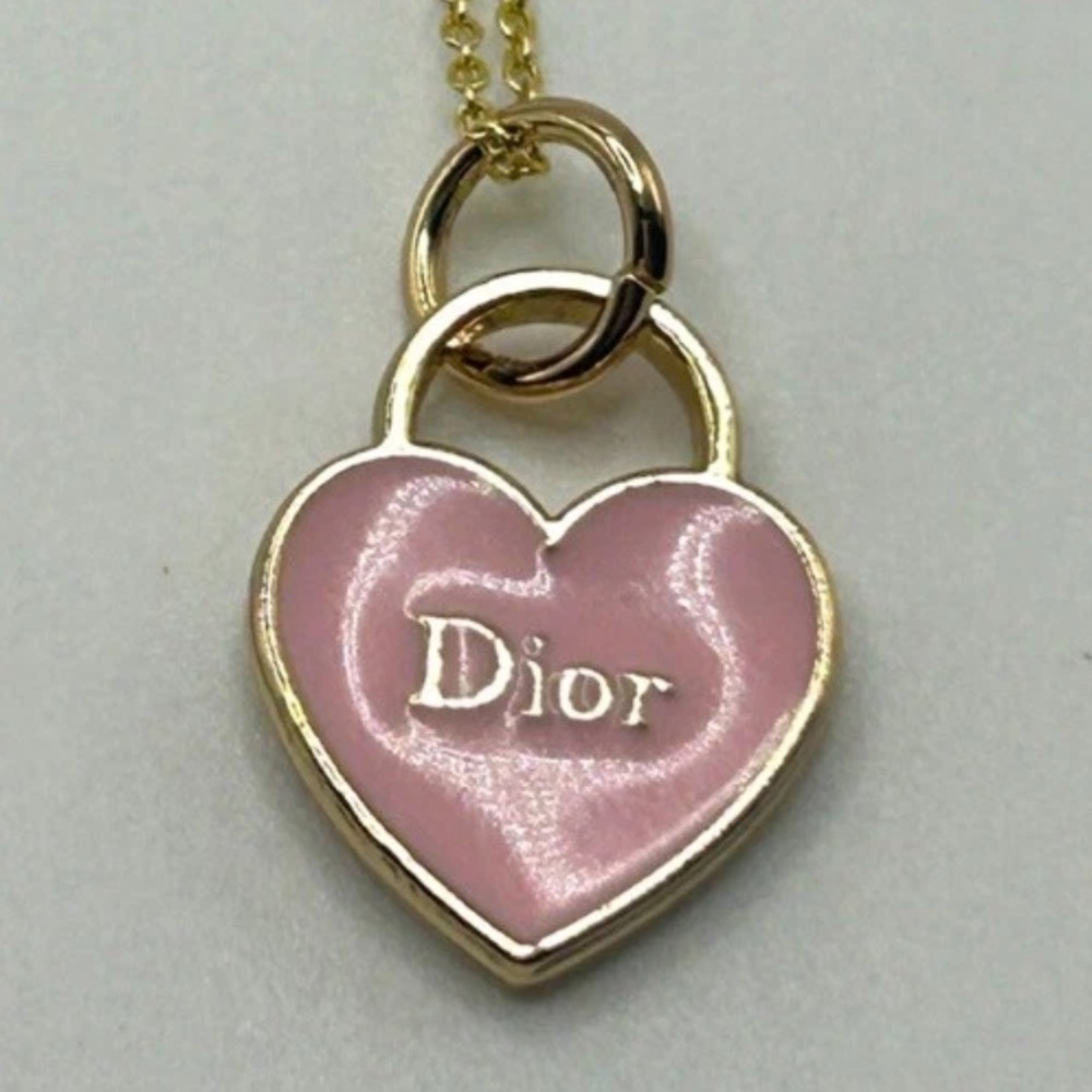 DIOR Pink Heart Charm Pendant Stamped Light Pink Enamel & Gold